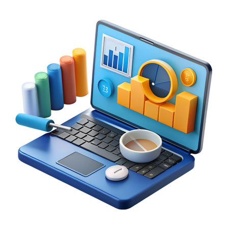 Laptop with data analysis dashboard, charts, graphs, and a magnifying glass, isolated on transparent backgroundの素材