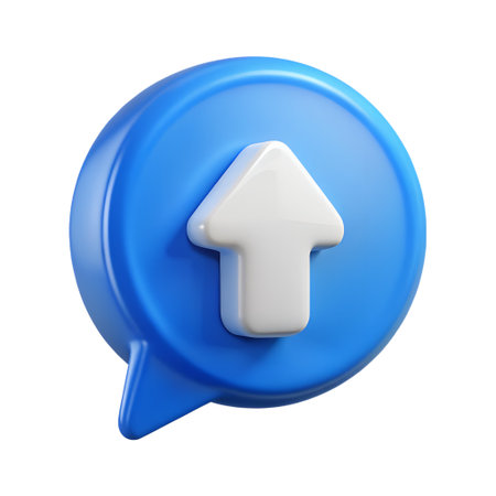 3d render of a blue speech bubble with a white upward arrow, symbolizing upload or data transfer, isolated on transparent backgroundの素材