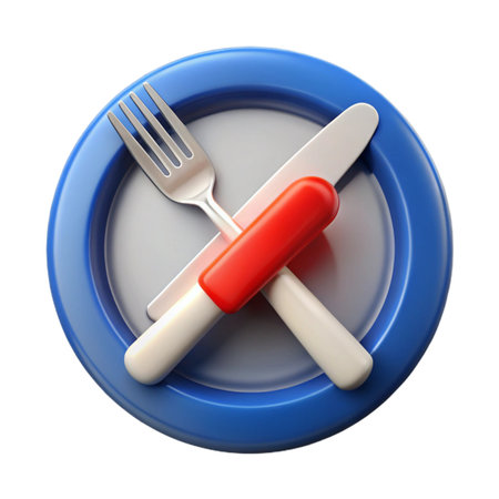 3d render of a blue plate with a fork and knife crossed, featuring a redhandled knife, isolated on transparent backgroundの素材