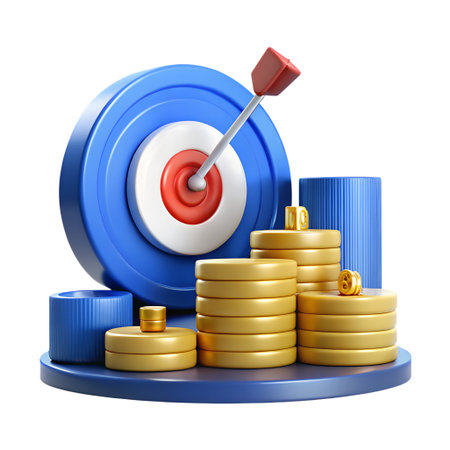3d render of a dart hitting the bullseye on a blue target, surrounded by stacks of golden coins and blue cylinders, isolated on transparent backgroundの素材