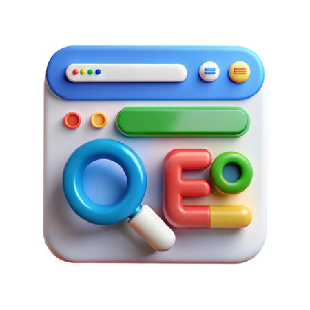 3d render of browser window with search bar, magnifying glass, and seo, web optimization, isolated on transparent backgroundの素材