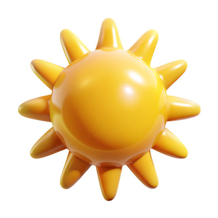 A bright and cheerful 3d render of a yellow sun icon, symbolizing summer, warmth, and happiness, isolated on transparent backgroundの素材