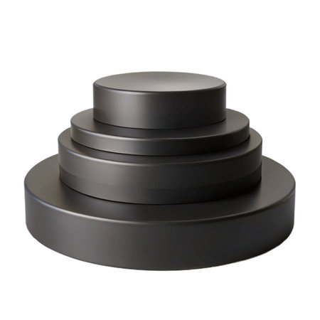 A stack of black cylindrical disks arranged in descending size, forming a sleek tiered structure, isolated on transparent backgroundの素材