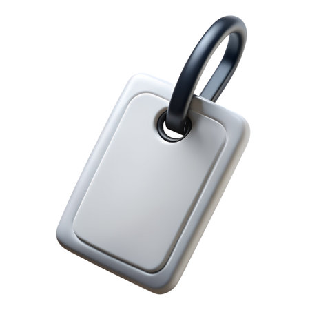 A blank white rectangular tag with a black ring attachment, perfect for branding, identification, or pricing, isolated on transparent backgroundの素材