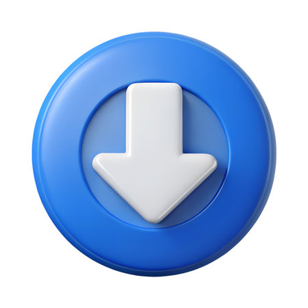 Blue circular download button with a white arrow pointing down, indicating a download or save action, isolated on transparent backgroundの素材