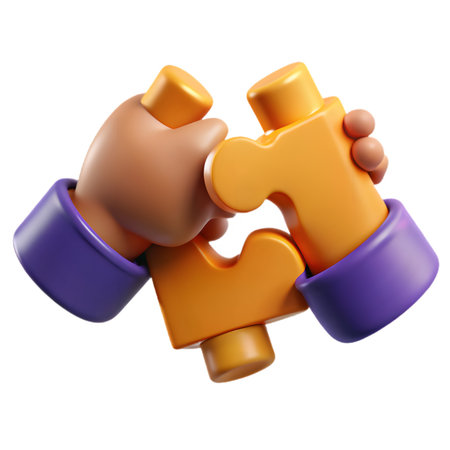 Two 3d cartoon hands connecting orange puzzle pieces, symbolizing teamwork, problemsolving, and collaboration, isolated on white isolated on transparent backgroundの素材