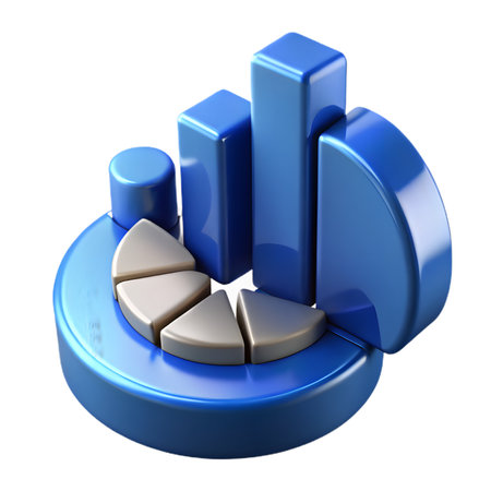 Blue 3d render of bar chart and pie chart with separated segments for data analysis and business statistics, isolated on transparent backgroundの素材