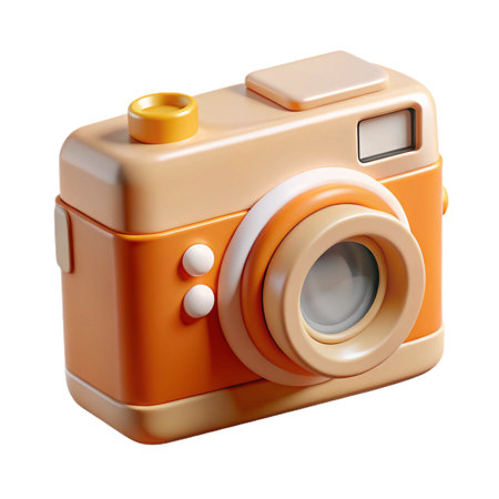 A charming 3d rendered toy camera in orange and beige, with a retro design, representing photography, isolated on transparent backgroundの素材