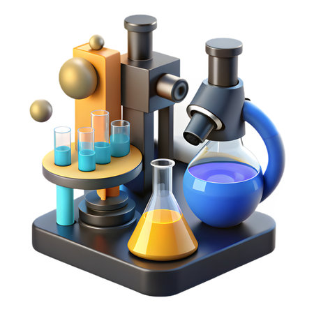 3d render of scientific lab equipment microscope, beakers, and flasks with colorful liquids, isolated on transparent backgroundの素材