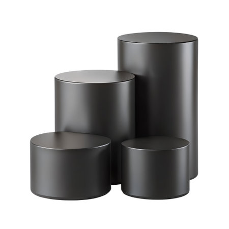 Four dark grey cylindrical pedestals or product display stands of varying heights, arranged together and isolated on transparent backgroundの素材
