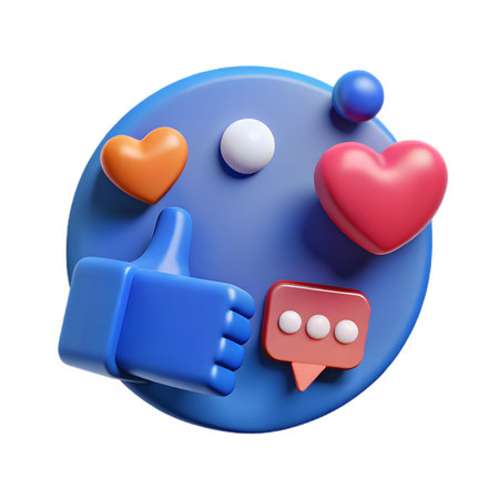 Vibrant 3d rendering of social media interaction elements like, heart, and comment on a blue disc, isolated on transparent backgroundの素材