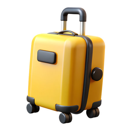A vibrant yellow travel suitcase with black accents and wheels, ready for a journey, isolated on transparent backgroundの素材