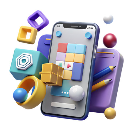 Smartphone with puzzle game app, surrounded by colorful 3d geometric shapes and office supplies, isolated on transparent backgroundの素材