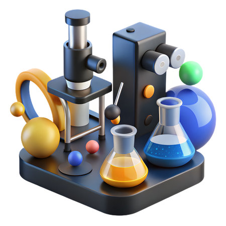 3d render of science laboratory equipment, microscope, beakers, and spheres, representing research and education, isolated on transparent backgroundの素材