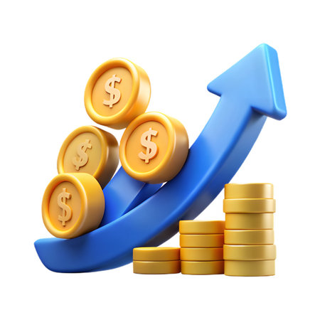 Upward trending blue arrow with golden dollar coins symbolizing financial growth, investment, and business success, isolated on transparent backgroundの素材