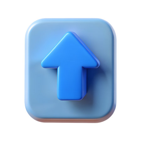 3d blue up arrow icon on a light blue rounded square for upload, direction, and growth, isolated on transparent backgroundの素材