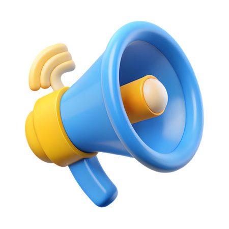 Vibrant 3d render of a blue and yellow megaphone, symbolizing announcements, marketing, and communication, isolated on transparent backgroundの素材