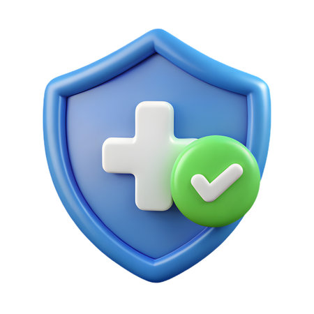 Blue shield with white medical cross and green checkmark icon, symbolizing health protection and medical safety, isolated on transparent backgroundの素材