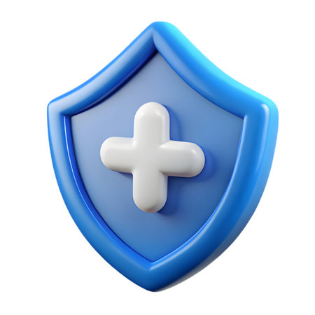 3d render of a blue shield with a white plus sign, representing health, protection, and medical safety, isolated on transparent backgroundの素材