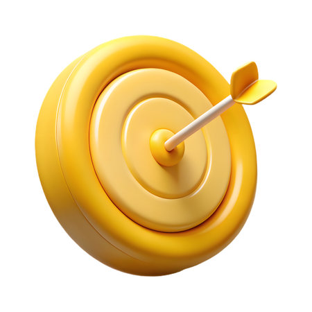 Yellow 3d target with a dart hitting the bullseye, symbolizing success, accuracy, and achievement, isolated on transparent backgroundの素材