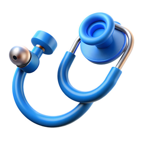 Blue 3d rendered stethoscope, a medical instrument for listening to internal sounds of the body, isolated on transparent backgroundの素材