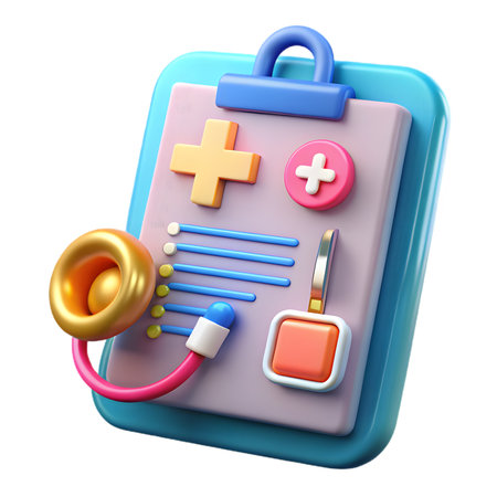 Stylized 3d render of a medical clipboard featuring a stethoscope, health cross, and patient checklist, isolated on transparent backgroundの素材