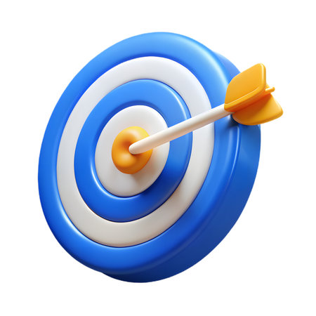 3d render of a blue and white target with an arrow hitting the bullseye, symbolizing goal achievement and precision, isolated on white isolated on transparent backgroundの素材