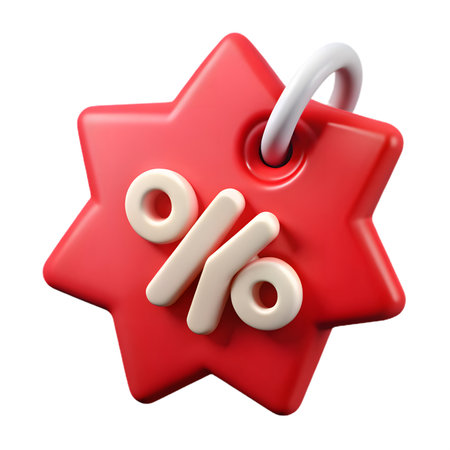 A vibrant red starshaped discount tag featuring a prominent white percentage symbol, perfect for sales and promotions, isolated on transparent backgroundの素材