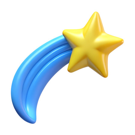 A vibrant 3d rendering of a yellow shooting star with a flowing blue trail, symbolizing wishes, success, or magic, isolated on transparent backgroundの素材