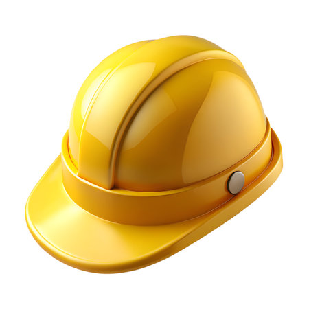 A vibrant yellow hard hat, a symbol of safety and protection, stands ready for construction, industrial work, and ensuring worker wellbeing isolated on transparent backgroundの素材