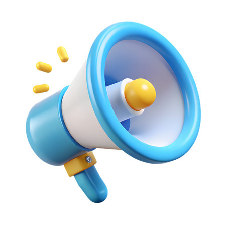 3d render of a vibrant blue and white megaphone with yellow accents, emitting sound waves, isolated on transparent backgroundの素材