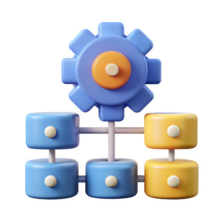 A 3d render of a blue gear on top of a network of blue and yellow cylinders isolated on transparent background is shown in this imageの素材