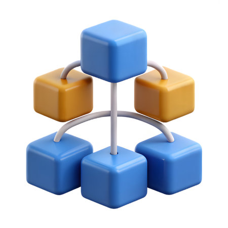 A 3d render of a network of interconnected cubes, showcasing a hierarchical structure isolated on transparent background the cubes are connected by curved rodsの素材