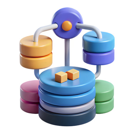 Colorful 3d illustration of a data storage system isolated on transparent background, depicting data management and database organization conceptの素材