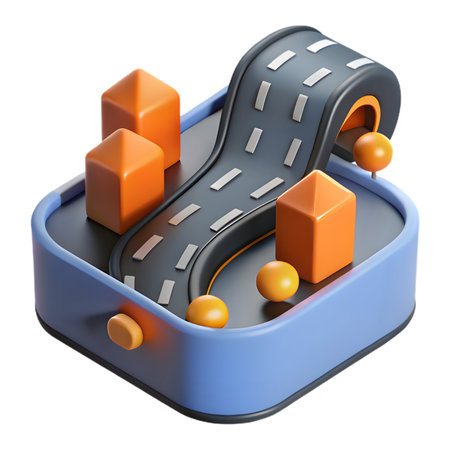 Isometric 3d illustration of a navigation app interface with a road, buildings, and spheres, showcasing a userfriendly design and intuitive features isolated on transparent backgroundの素材