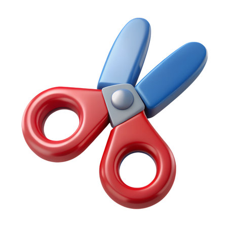 A pair of colorful toy scissors with red handles and blue blades isolated on transparent background, perfect for kids crafts and creative projectsの素材