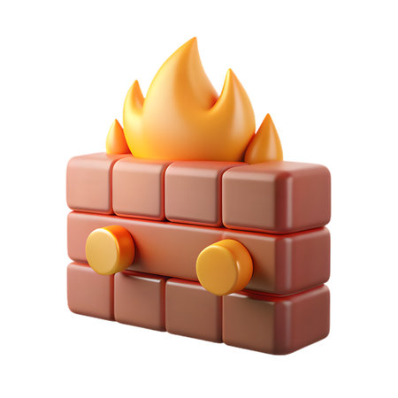 Firewall protection concept with brick wall and fire flame isolated on transparent background security system and network safety 3d render iconの素材