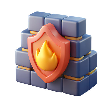 A 3d render of a firewall with a shield and flame, representing network security, data protection, and cybersecurity, isolated on transparent backgroundの素材