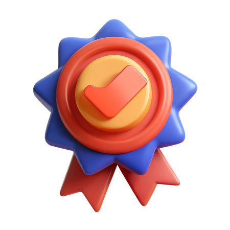 3d rendering of a blue and red badge with a check mark isolated on transparent background symbol of quality, guarantee, and certificationの素材