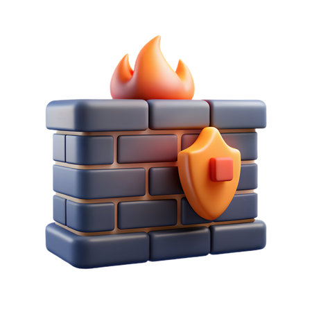 Firewall protection concept with brick wall, fire and shield isolated on transparent background security system, network security, data protectionの素材