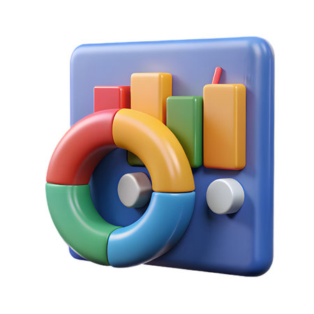 Colorful 3d render of a data analysis dashboard with a bar chart and a donut chart, perfect for illustrating business analytics and statistics isolated on transparent backgroundの素材