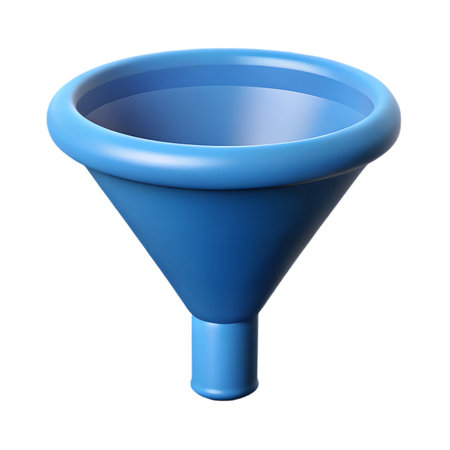 A blue plastic funnel isolated on transparent background, commonly used in laboratories and kitchens for pouring liquids or powders into containersの素材