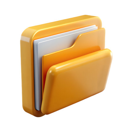 A glossy yellow folder with documents, isolated on transparent background, is depicted in a 3d render, symbolizing file management and organizationの素材