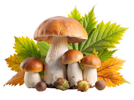 A group of boletus edulis mushrooms and chestnuts isolated on transparent background, surrounded by colorful autumn leaves, creating a seasonal still lifeの素材