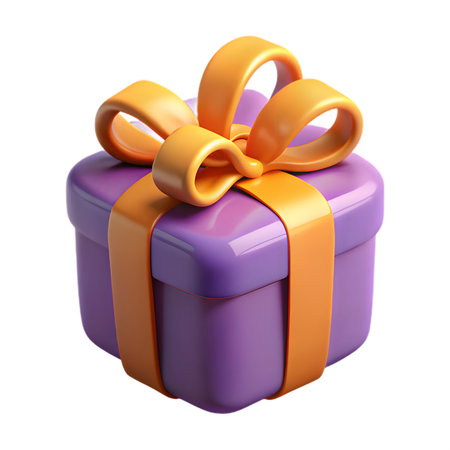 A charming purple gift box with a vibrant orange ribbon, isolated on transparent background, perfect for birthdays, holidays, and special occasionsの素材