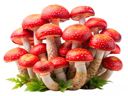 A vibrant cluster of fly agaric mushrooms, their red caps speckled with white dots, stands out against an isolated on transparent backgroundの素材