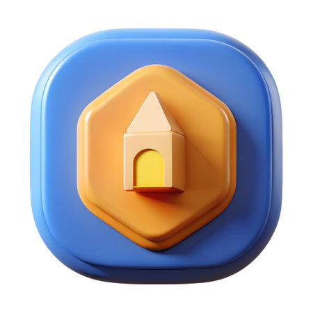 A charming 3d render of a house icon, featuring a simple, blocky design with warm yellow and orange tones, set against a blue background isolated on transparent backgroundの素材