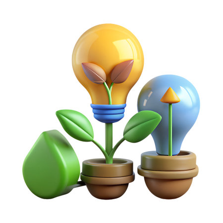 Creative idea generation with light bulbs and plants isolated on transparent background, symbolizing innovation and sustainable growth conceptの素材