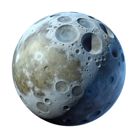 Detailed moon surface with craters and textures, showcasing the celestial bodys rugged landscape isolated on transparent backgroundの素材