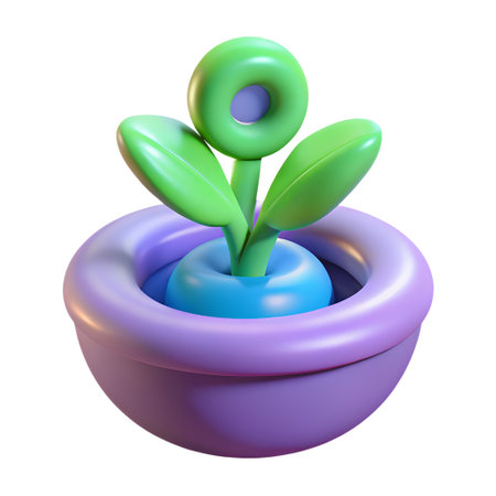 A charming 3d rendering of a potted plant with vibrant green leaves and a playful purple pot, isolated on transparent backgroundの素材